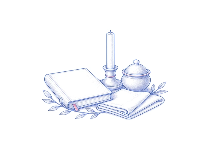 Закрытая книга, свеча в устойчивом подсвечнике, закрытая курильница и сложенная ткань