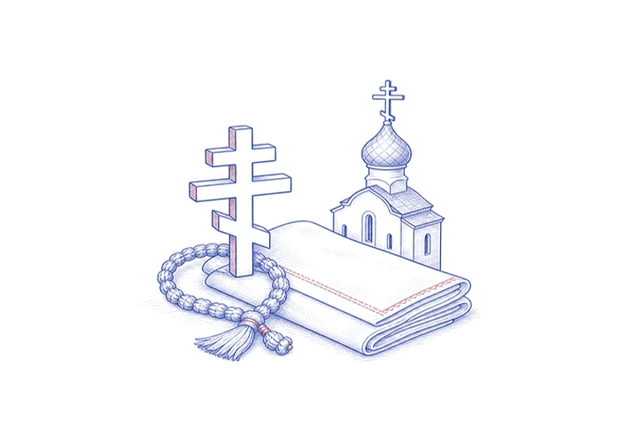Старообрядческий восьмиконечный крест, лестовка, сложенный белый саван и силуэт московского храма